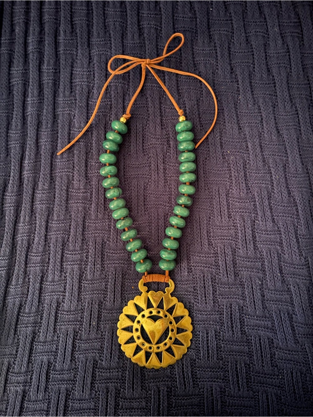 Green Beaded Necklace with Vintage  brass horse medallion.